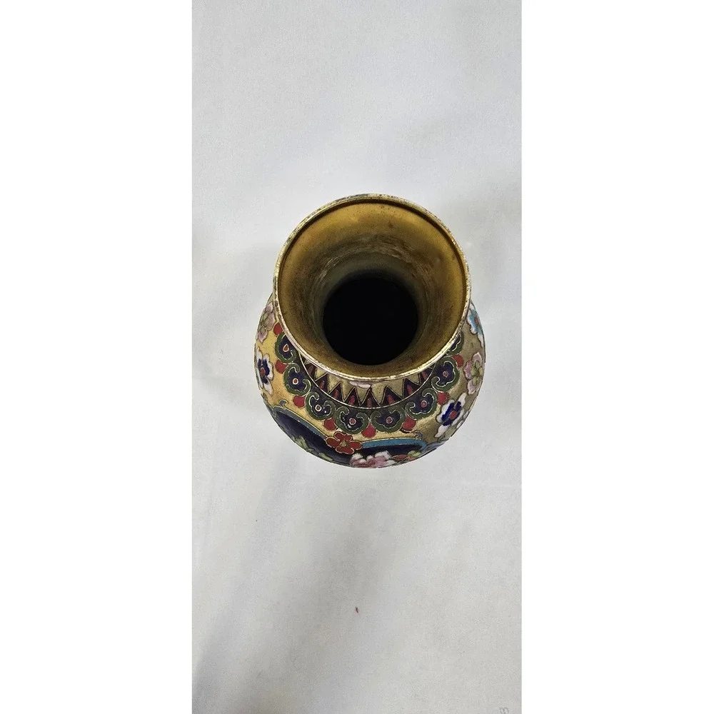 Vintage Champleve raised wire cloisonne enamel metal vase hand painted asian art